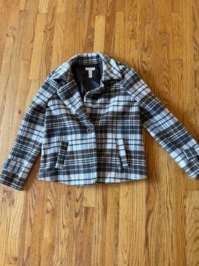 Charter Club Brown/White/Blue/Yellow Plaid Wool-Blend Peacoat